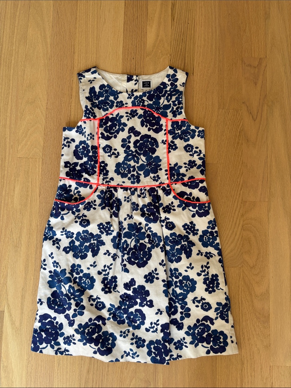 Janie and Jack White Dress with Navy Floral Print and Pink Piping